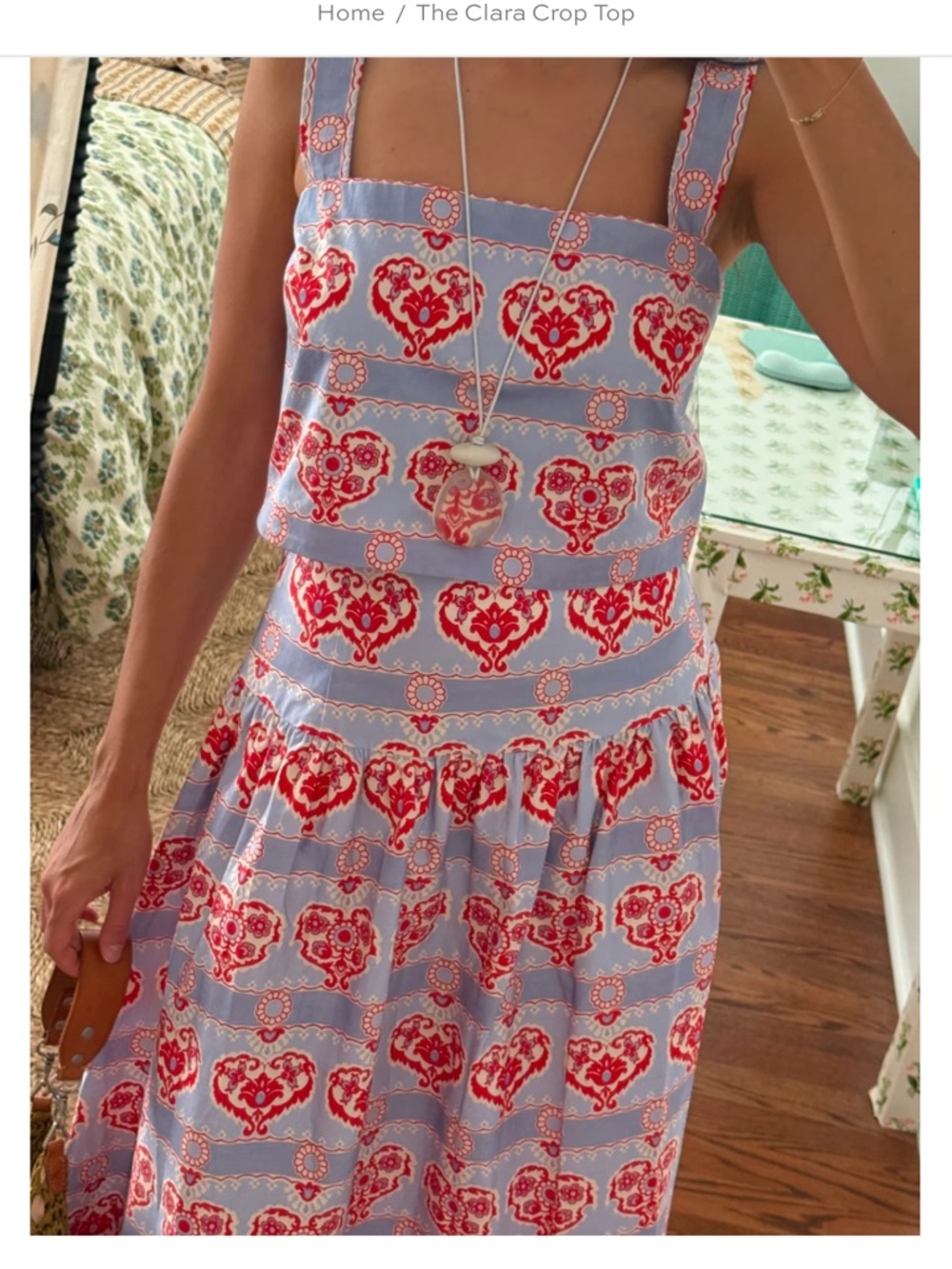 NWT Hill House Clara Crop Top -  Blue and Red Heart Print (Poppy Damask Stripe)